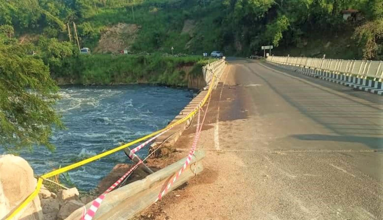 The scene where the fuel tanker plunged into the river